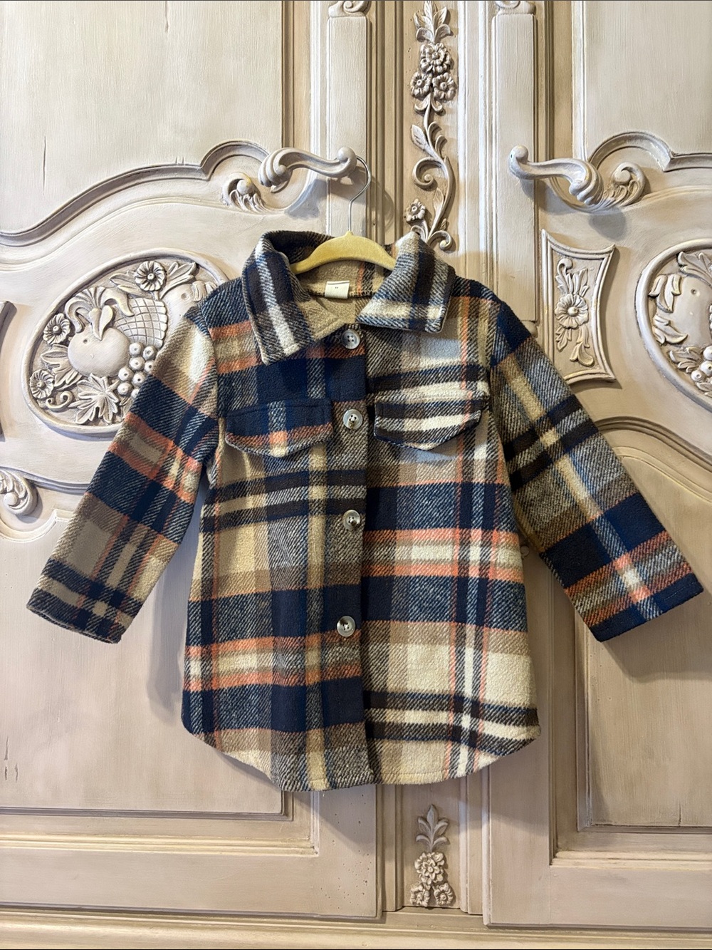 SHEIN Kids Plaid Button-Up Pea Coat - Navy, Tan & Cream